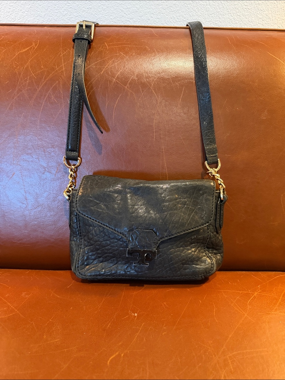 Tory Burch Black Textured Leather Crossbody with Gold Hardware